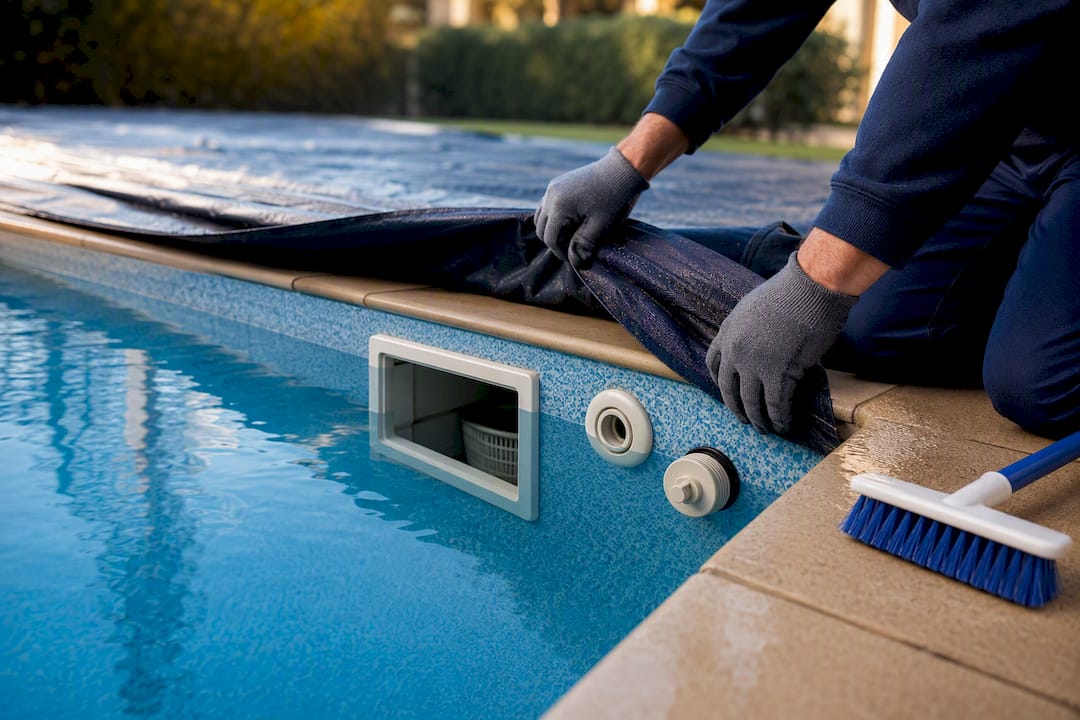 Technician opening pool cover near fittings