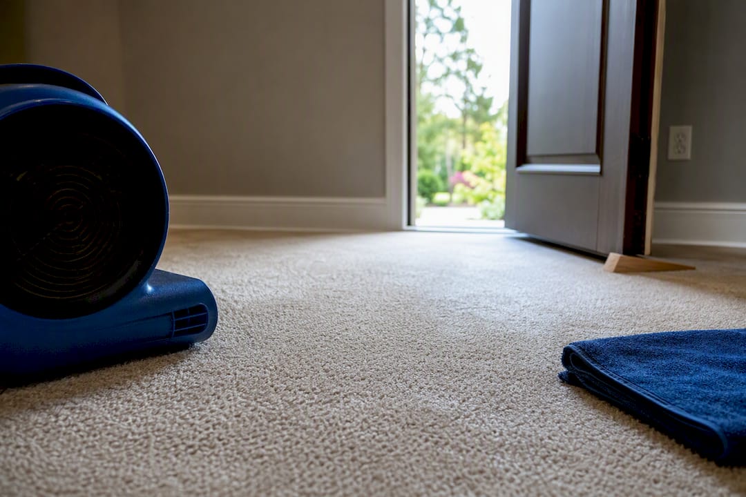 Air mover drying freshly cleaned carpet