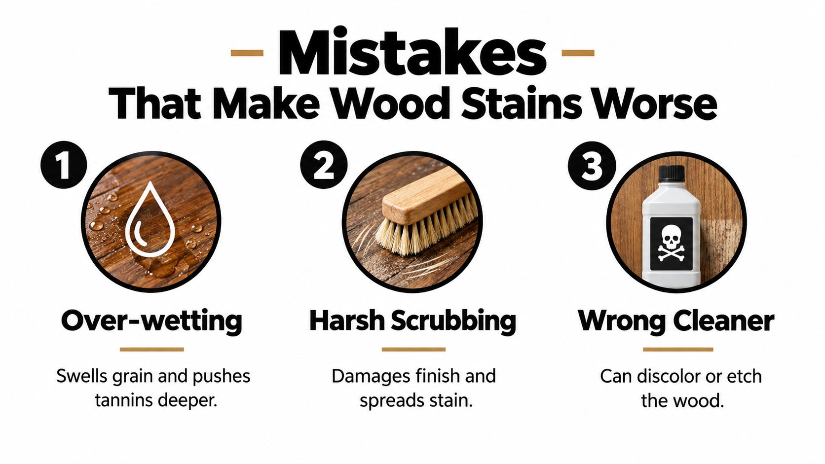 An infographic illustrating three common mistakes when cleaning wood stains, including over-wetting, harsh scrubbing, and using wrong cleaners.
