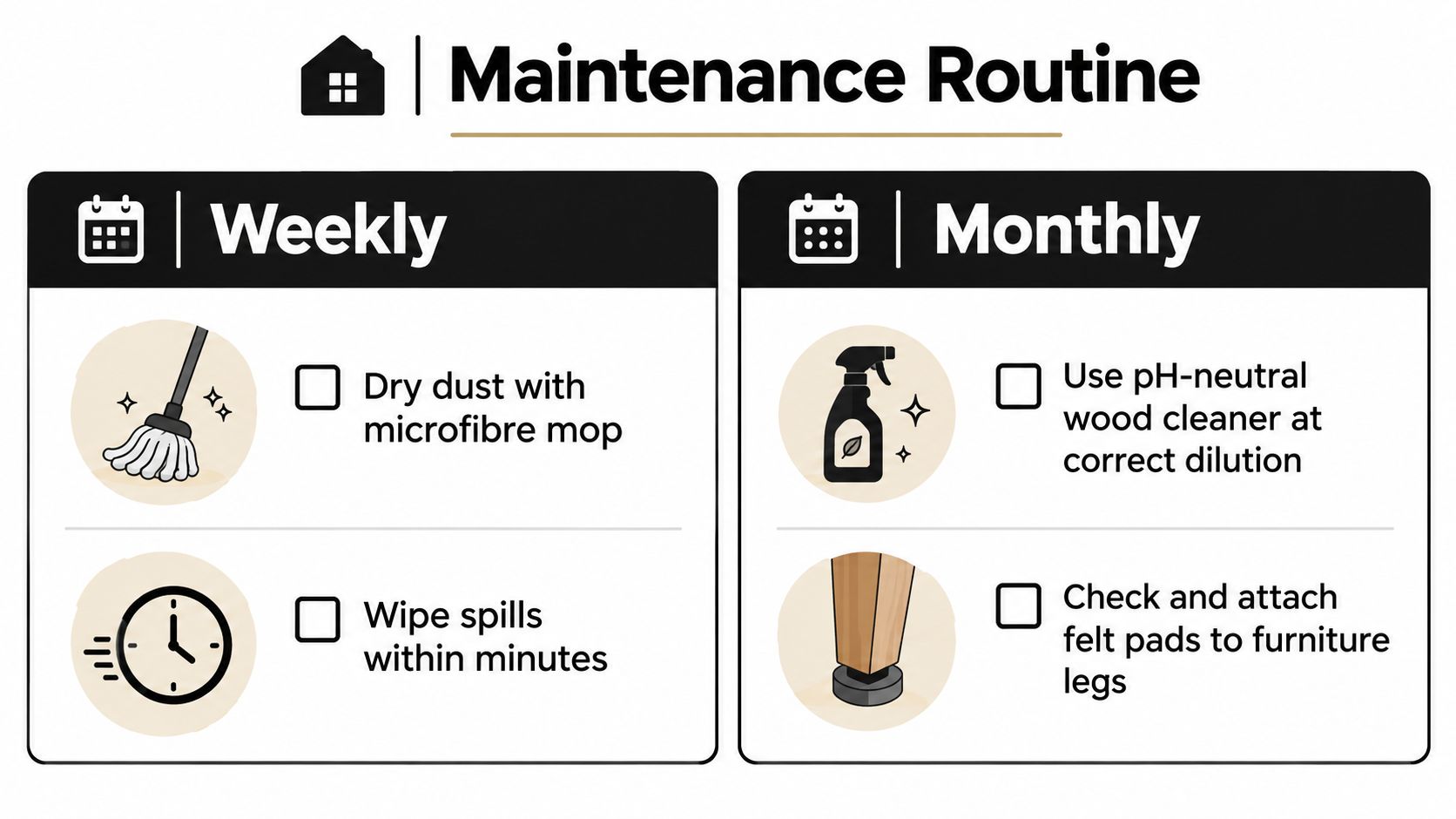 A maintenance routine guide for wood floors, listing weekly tasks like dusting and monthly maintenance like cleaning.
