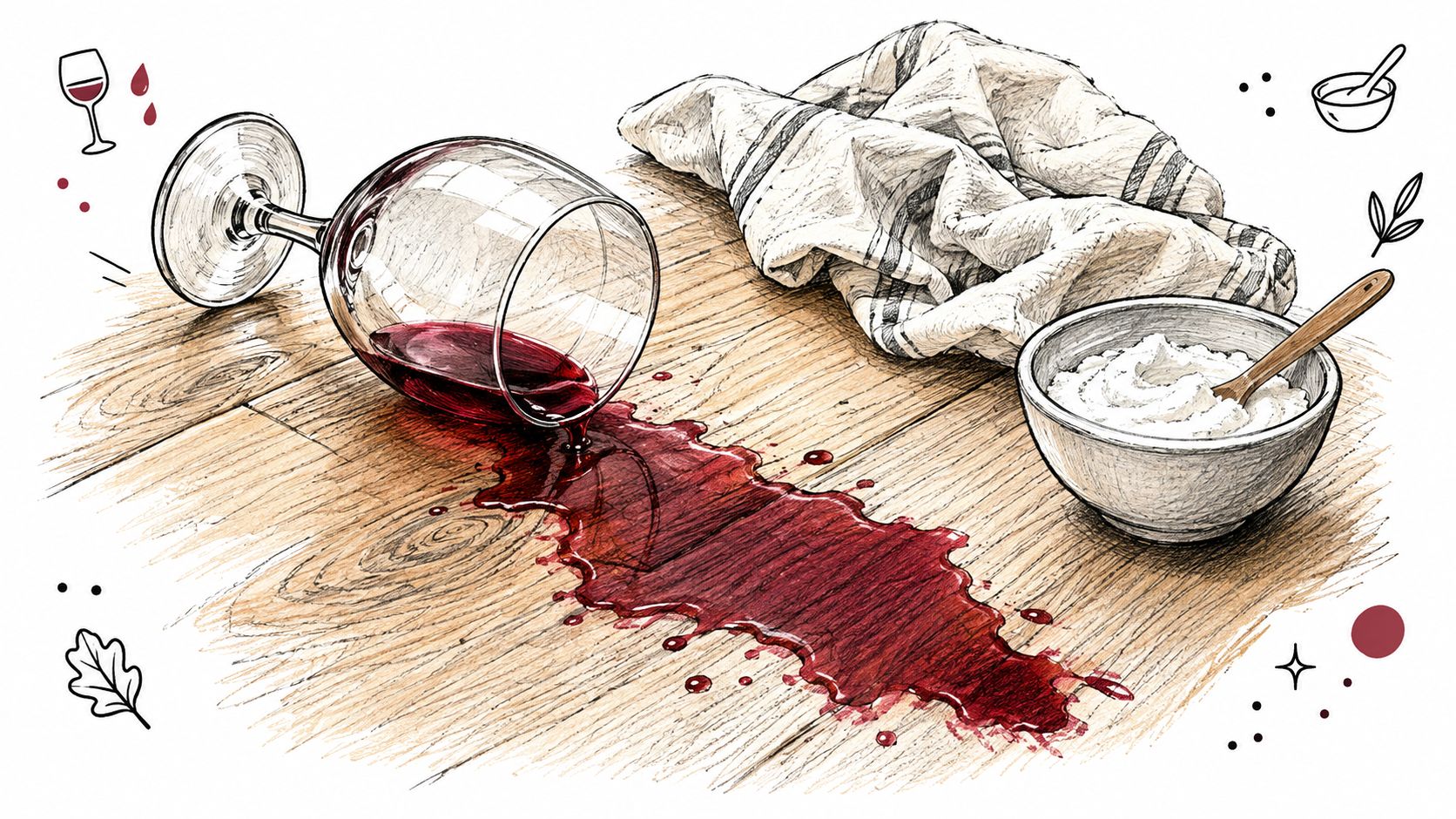 A spilled glass of red wine on a wooden table next to a cleaning cloth and bowl.
