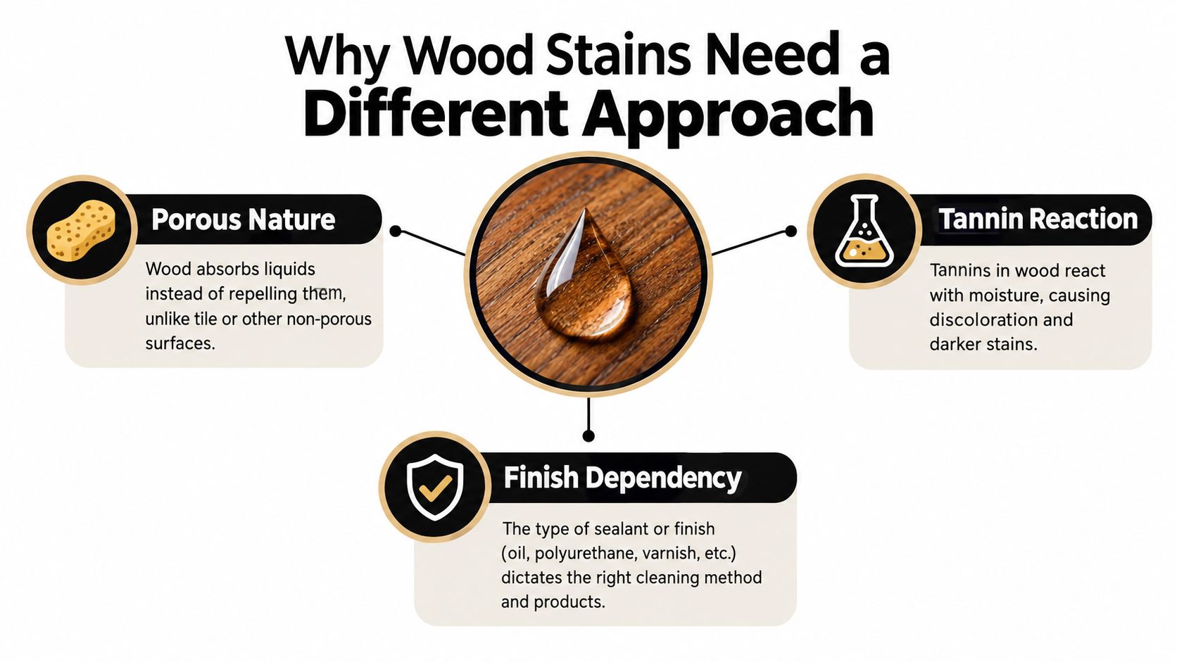 An infographic explaining why wood stains require special care due to porosity, tannin reactions, and finish types.