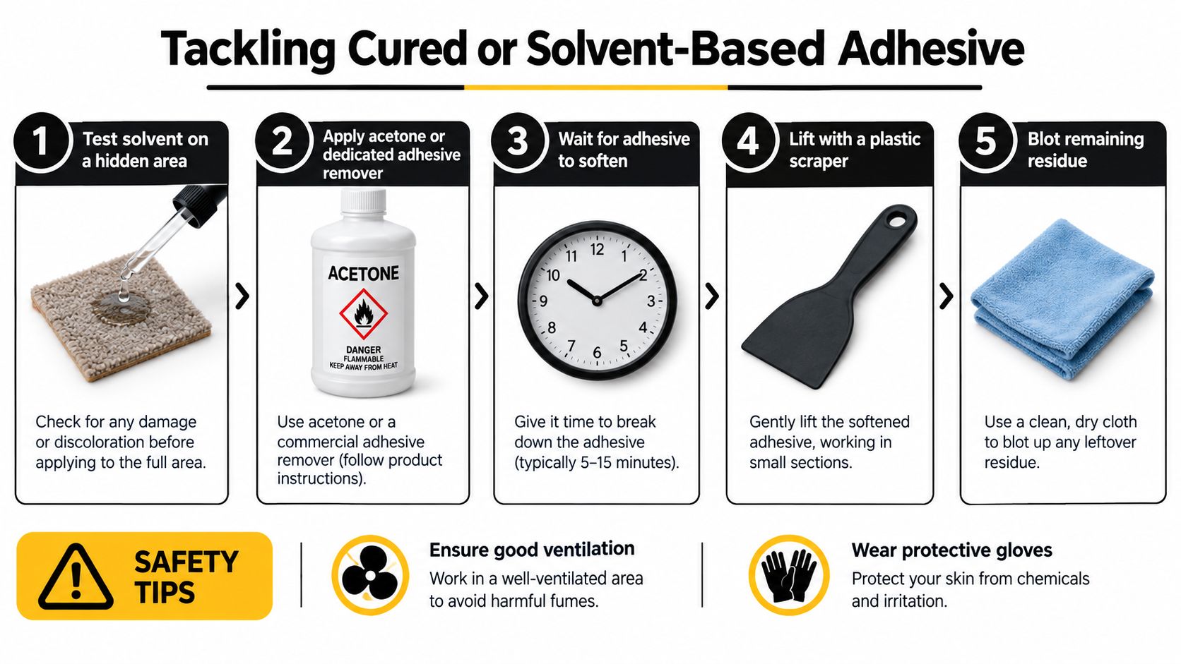 A five-step instructional guide on how to remove cured or solvent-based adhesive from carpet using acetone.