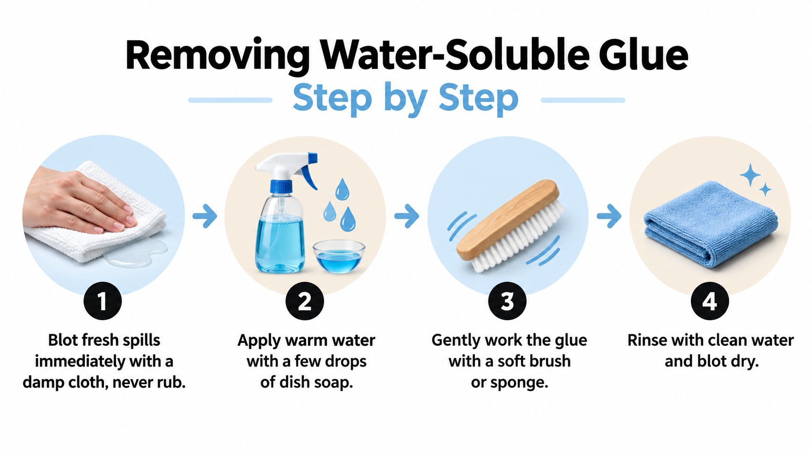 A four-step infographic showing how to remove water-soluble glue from surfaces using simple household supplies.