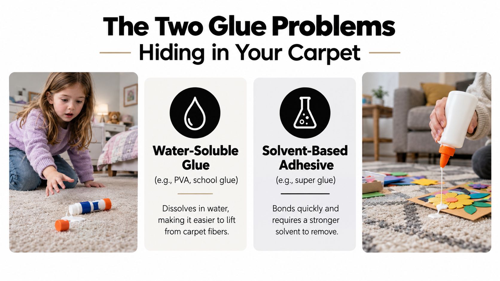 A graphic explaining the difference between water-soluble glue and solvent-based adhesive when removing them from carpets.
